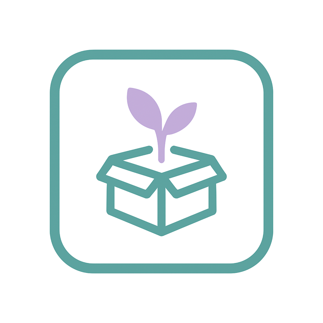 Icône vectorielle MONDOBOX représentant une boîte ouverte avec une plante lavande en pastel, symbole de bien-être, douceur et surprises zen.